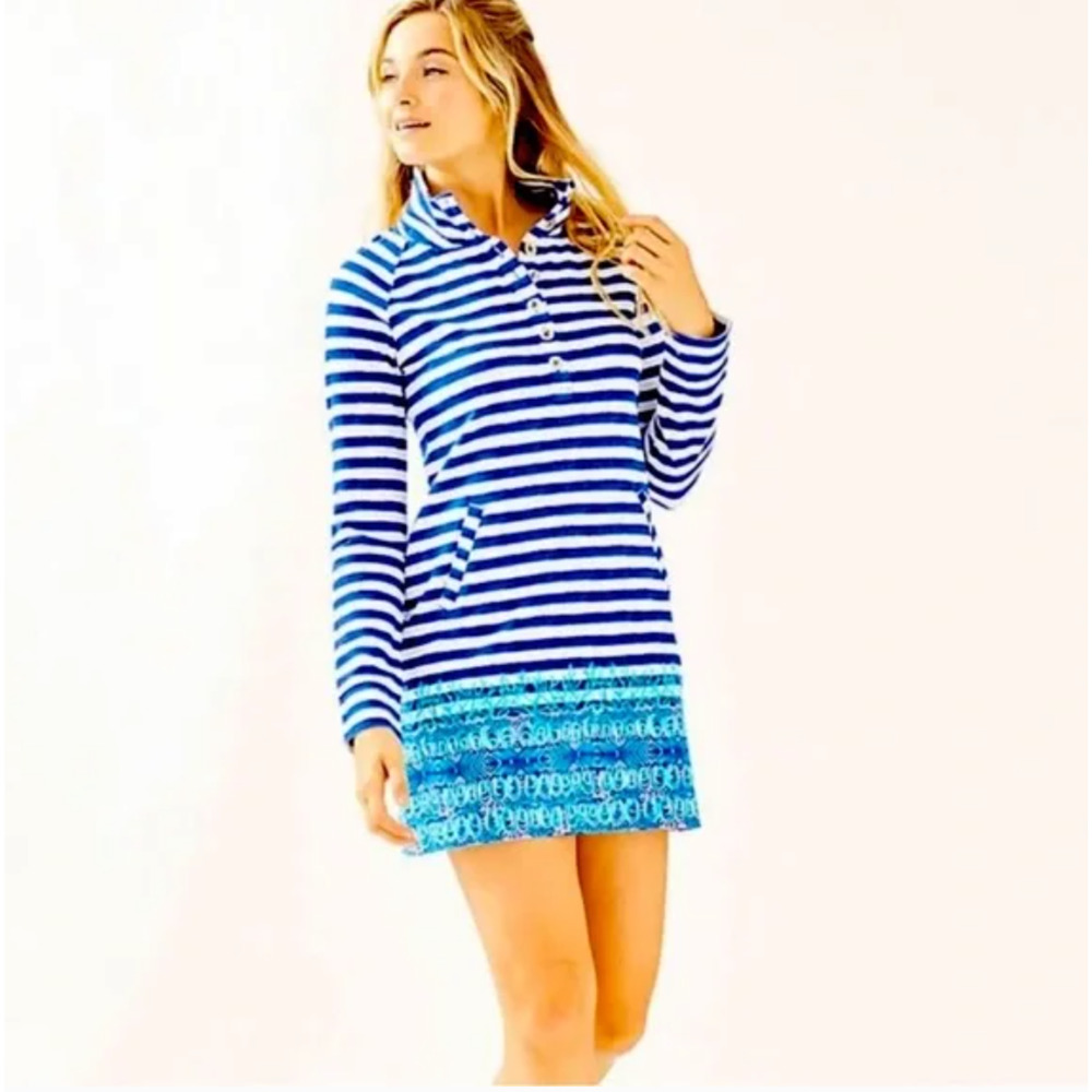 LILLY PULITZER Captain Popover Dress Bright Navy Positano Stripe Engineer Small